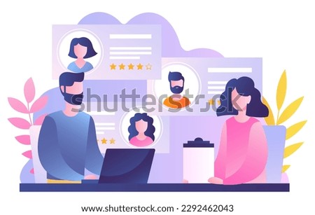 Candidate selection concept. Woman and man with laptop evaluate candidates for vacancy. Team of HR managers at work. Company staff expansion and recruitment. Cartoon flat vector illustration