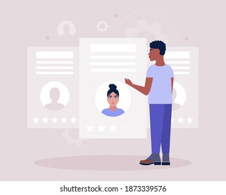 Candidate selection concept. Young man examines the resume of candidates. Colorful flat vector illustration