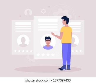 Candidate selection concept. Young man examines resumes of candidates. Colorful flat vector illustration