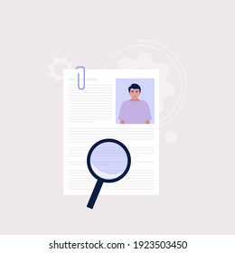 Concepto de selección de candidatos. Joven examina el currículum de los candidatos. Ilustración de vector plana colorida