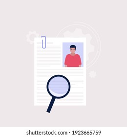 Candidate selection concept. Young man examines the resume of candidates. Colorful flat vector illustration