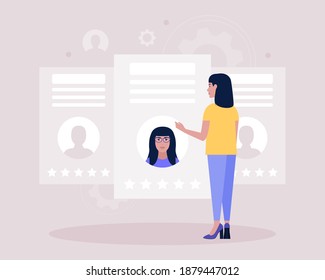 Candidate selection concept. Young woman examines the resume of candidates. Colorful flat vector illustration