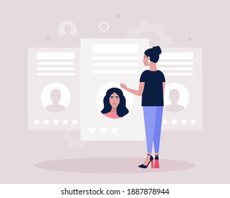 Candidate selection concept. Young woman examines the resume of candidates. Colorful flat vector illustration