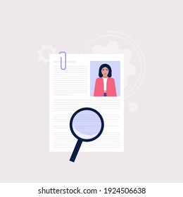 Candidate selection concept. Young woman examines the resume of candidates. Colorful flat vector illustration