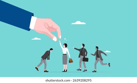 candidate selection to find professional employees, choosing employee candidates for job position, human resources concept, professional businesswoman pointing at chosen candidate for job position
