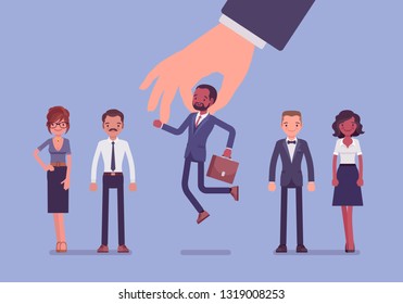 Candidate selection from a group of employees. Giant hand takes corporate election choosing small person, toy man chosen in team or singled out for special skill, different ideas. Vector illustration