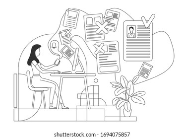 Candidate selection thin line vector illustration. HR manager, recruiter character on white background. Human resources management, applicants CV evaluation, recruitment simple style drawing