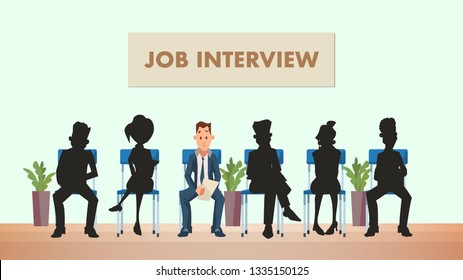 Candidate Shadow in Queue Wait for Job Interview. Worried Employee Sit on Chair in Office. Young Man in Formal Suit. Candidate Character Hold Resume. Cartoon Flat Vector Illustration