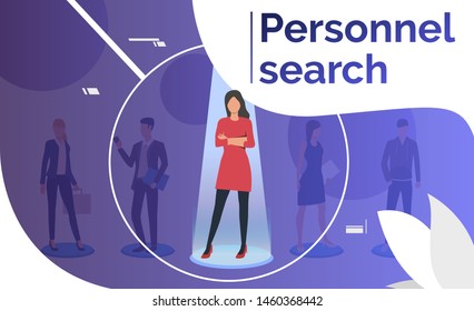 Candidate under spotlight through magnifier glass. Personnel search, selection, job. Human resource concept. Vector illustration can be used for presentations slide templates or webpage design