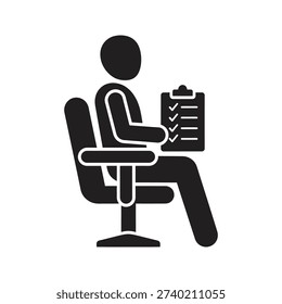 Candidate waiting interview showing person sitting in chair with clipboard representing job applicant patient medical appointment evaluation