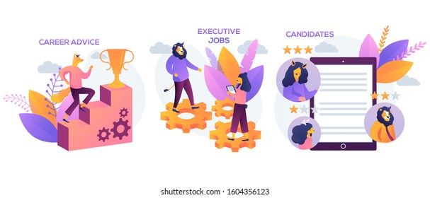  Candidates, career advice, executive jobs metaphors. Vector isolated concept metaphor illustrations. Recruitment and headhunting agency, employment service icons set. Employees hiring.
