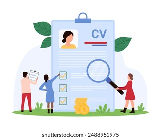 Candidates CV evaluation and employees resume choice, headhunters job, employment. Tiny people with magnifying glass research document with summary information of manager cartoon vector illustration