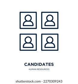 icono de los candidatos de la colección de recursos humanos. Candidatos lineales delgados, candidata, icono del contorno de reclutamiento aislados en fondo blanco. Signo de candidatos de vectores de línea, símbolo para web y móvil