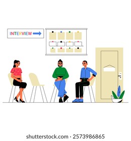 Candidates Waiting In Flat Vector Illustration Symbolizing Job Interviews, Recruitment Process, And Career Opportunities, Isolated On White Background