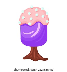 Candie in shape tree frozen juice in glaze with marshmallows, vector illustration. Fantasy land caramel and chocolate desserts, cupcakes, biscuit