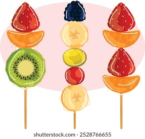 Candied Strawberry, Orange, Kiwi, Raspberry, Banana, Grape and Cherry on Skewers. Mix Fruits and Berries Tanghulu Set. Chinese Street Food Art 