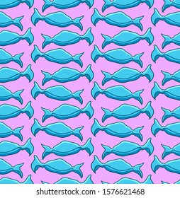 Candies in blue wrapper seamless pattern. Pink background, vector.