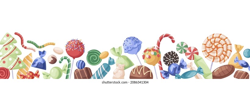 Candies border design. Sweets horizontal pattern with lollipops, bonbons, sugar canes and lollies. Christmas confectionery decoration. Colored flat vector illustration isolated on white background