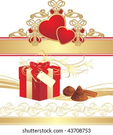 Candies, box and hearts on the gothic ornament. Vector