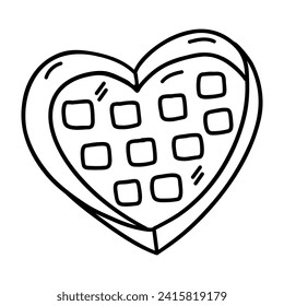 Candies in box in shape of heart. Sweet gift for Valentines Day, chocolate present compliment. Black and white vector isolated illustration hand drawn doodle. February 14, romance. Yummy snack