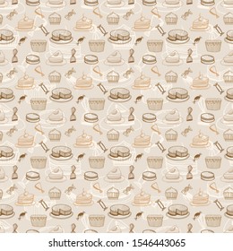 Candies and cakes seamless background pattern. Vector pastel doodle background. Cute packing design illustration. Print for branding cafe and restaurant, wrapping paper for bags in shop confectionery.