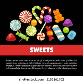 Candies and caramel sweets poster for confectionery or candy shop.