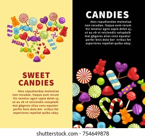 Candies and caramel sweets poster template for confectionery or candy shop. Vector heart of marmalade bears, lollipops or sweetmeats and toffee comfits, candy canes for confectionery background