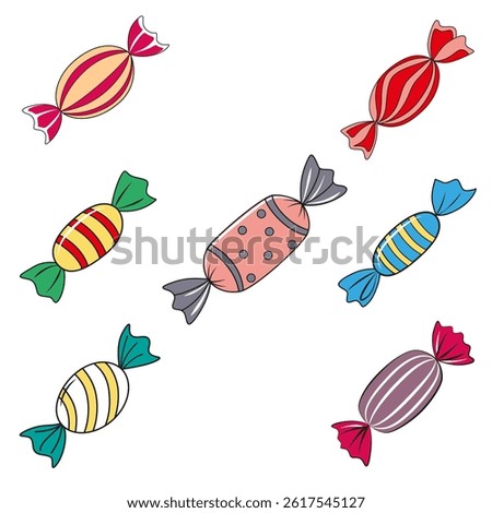 Candies, caramel in wrapper, striped bonbons on white background. Cartoon sweets set. Assorted wrapped candies for confectionery, candy shop. A selection of delicious candy treats vector illustration.