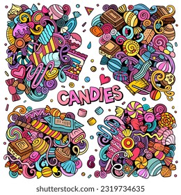 Candies cartoon vector doodle designs set. Colorful detailed compositions with lot of confectionery objects and symbols.