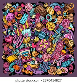 Candies cartoon vector doodles illustration. Sweet food design. Confection elements and objects background. Bright colors funny picture. All items are separated
