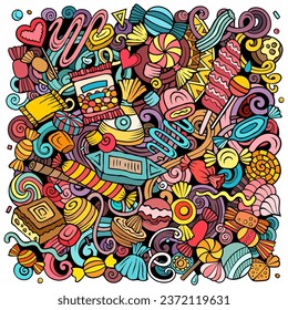 Candies cartoon vector doodles illustration. Sweet food design. Confection elements and objects background. Bright colors funny picture. All items are separated