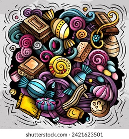 Candies cartoon vector doodles illustration. Sweet food design. Confection elements and objects background. Bright colors funny picture. All items are separated