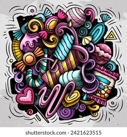 Candies cartoon vector doodles illustration. Sweet food design. Confection elements and objects background. Bright colors funny picture. All items are separated