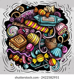 Candies cartoon vector doodles illustration. Sweet food design. Confection elements and objects background. Bright colors funny picture. All items are separated