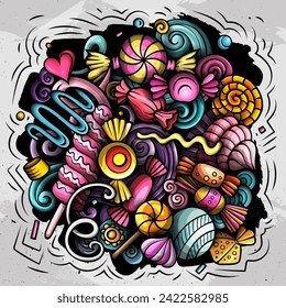Candies cartoon vector doodles illustration. Sweet food design. Confection elements and objects background. Bright colors funny picture. All items are separated