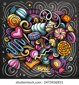 Candies cartoon vector doodles illustration. Sweet food design. Confection elements and objects background. Bright colors funny picture. All items are separated
