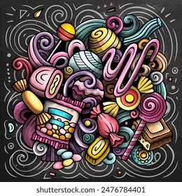 Candies cartoon vector doodles illustration. Sweet food design. Confection elements and objects background. Bright colors funny picture. All items are separated