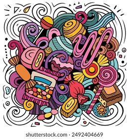 Candies cartoon vector doodles illustration. Sweet food design. Confection elements and objects background. Bright colors funny picture.