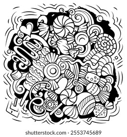 Candies cartoon vector doodles illustration. Sweet food design. Confection elements and objects background. Sketchy funny picture.