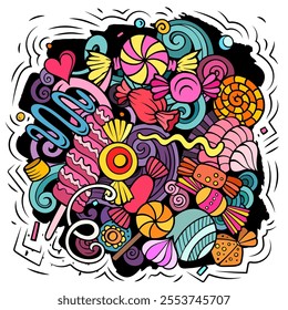 Candies cartoon vector doodles illustration. Sweet food design. Confection elements and objects background. Bright colors funny picture.