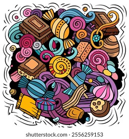 Candies cartoon vector doodles illustration. Sweet food design. Confection elements and objects background. Bright colors funny picture.