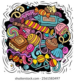 Candies cartoon vector doodles illustration. Sweet food design. Confection elements and objects background. Bright colors funny picture.