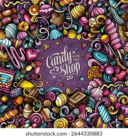 Candies cartoon vector doodles illustration. Sweet food frame design. Confection elements and objects background. Bright colors funny border. All items are separated. Not AI
