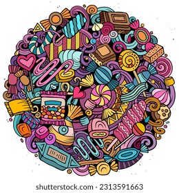 Candies cartoon vector round doodles illustration. Sweet food design. Confection elements and objects background. Bright colors funny picture. All items are separated