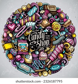 Candies cartoon vector round doodles illustration. Sweet food design. Confection elements and objects background. Bright colors funny picture. All items are separated