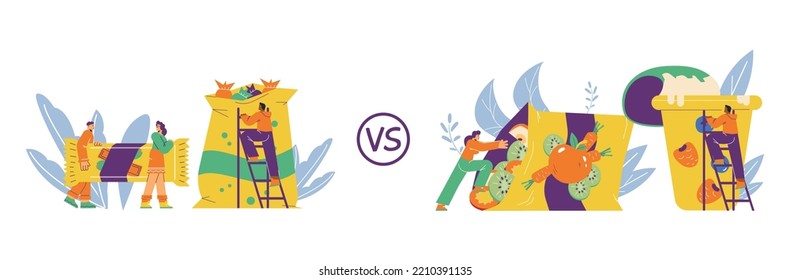 Candies and chocolate bar versus yogurt and fruit chips, flat vector illustration isolated on white background. Characters holding healthy and unhealthy snacks and making choice.