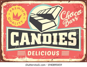 Candies and chocolate bars retro sign design on pink background. Candy store vintage promotional poster. Vector ad for desserts and sweets. 