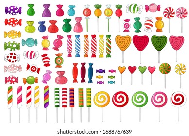 Candies collection. Color candy set. Different, caramel, chocolate, truffle, lollypops isolated. Decoration candy icons, design  delicious elements. Hand drawn desserts images. Many types of  treats.
