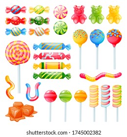 Kanadische Kollektion isoliert auf weißem Hintergrund. Vector Cartoon Illustration. Desserts Icons und Design Elemente Set. Multicolor-Lollipops, Marshmallow, Zuckerrohr, Karamellen und Gelee-Bären