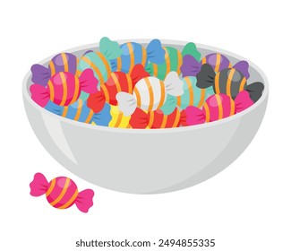 Candies in colourful wrappers in bowl. Candy cartoon vector illustration.